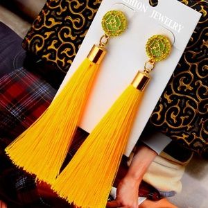 Rose Flower Long Tassel Earrings Yellow